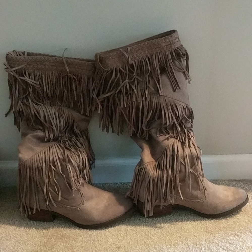 Taupe Fringed Knee Boots